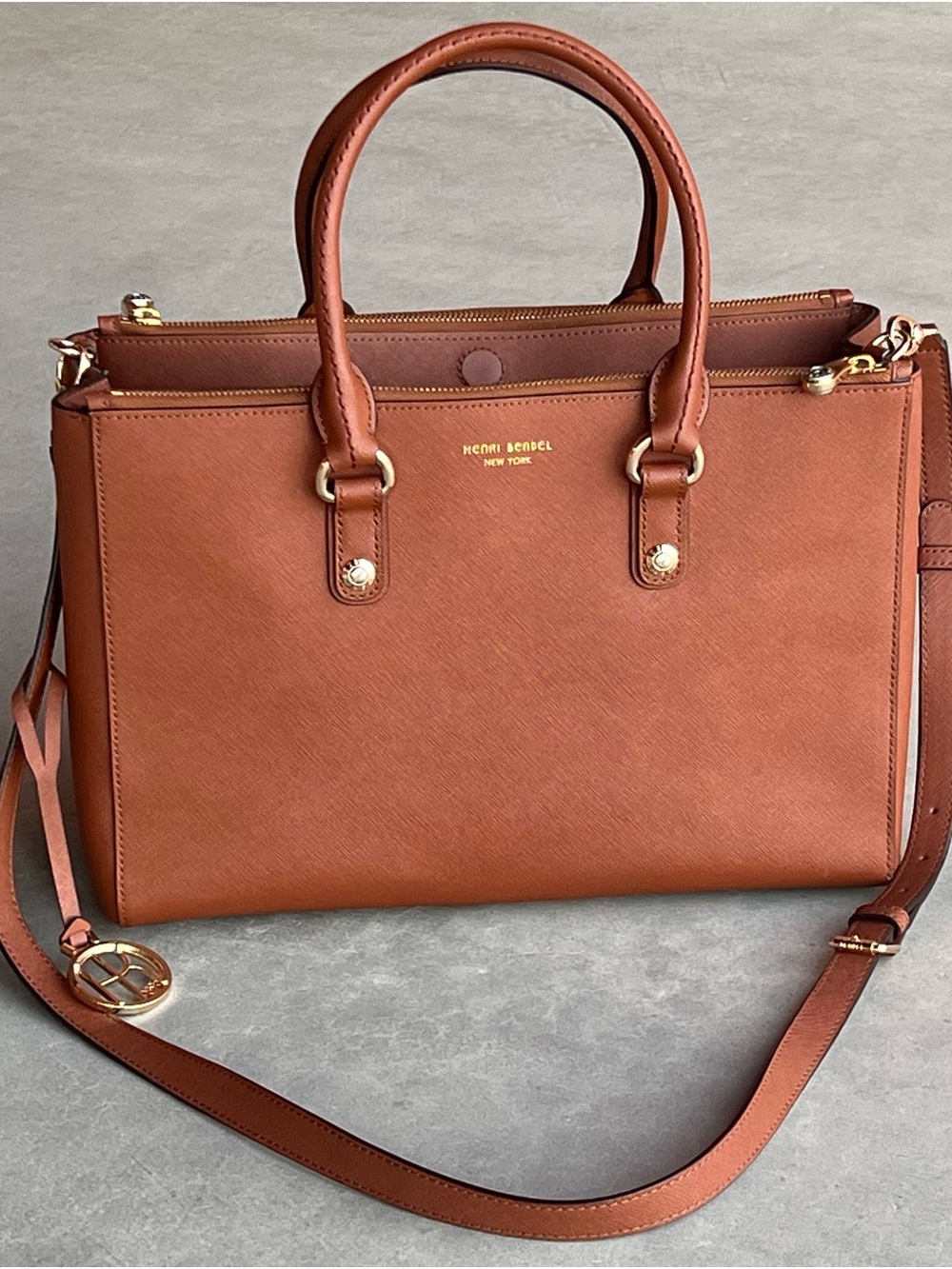 Henri Bendel West 57th Satchel Cognac Brown Saffiano Leather Crossbody Bag EUC